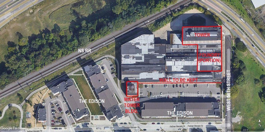 Satellite view of Westinghouse plant in Cleveland with buildings to be saved from demolition.