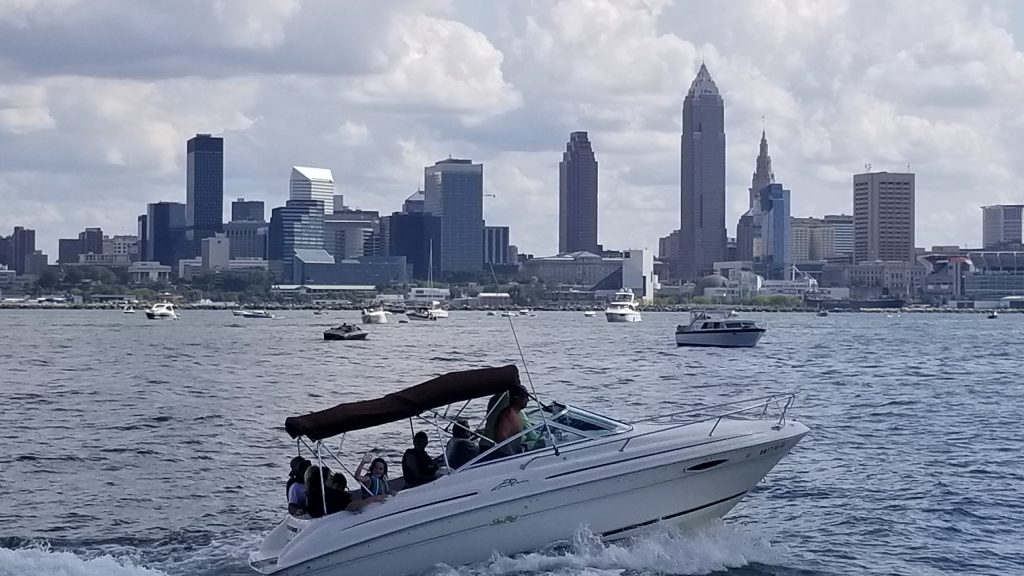 Freshwater, boating, and fishing on Lake Erie offshore from downtown Cleveland are some of the joys of living on the Great Lakes.