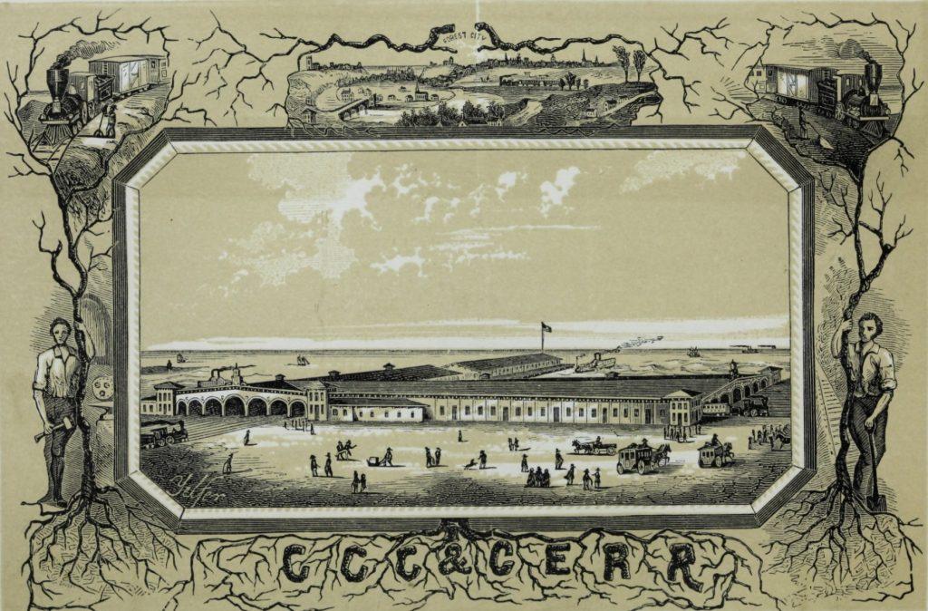 Poster of Cleveland's first railroad, the Cleveland Columbus & Cincinnati RR and its lakefront station.