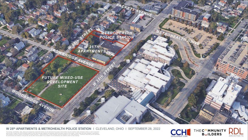 Overhead view of the West 25th development site by the MetroHealth System for its transformation plan.