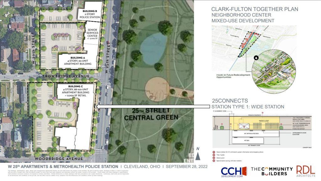 Site plans for the development of the senior housing, police station, park and future market-rate apartments.