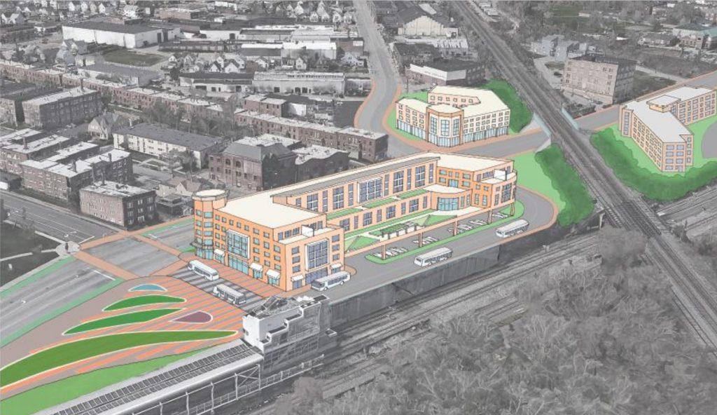 Aerial view and rendering of proposed transit oriented development at the West Boulevard-Cudell RTA Red Line rail station.