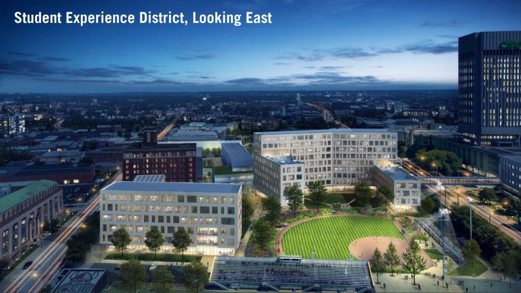 Three new dorms are visible here between Payne and Chester avenues along East 21st Street including a converted Rhodes Tower.