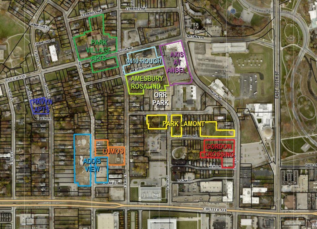 Map of developments at the southeast corner of Hough