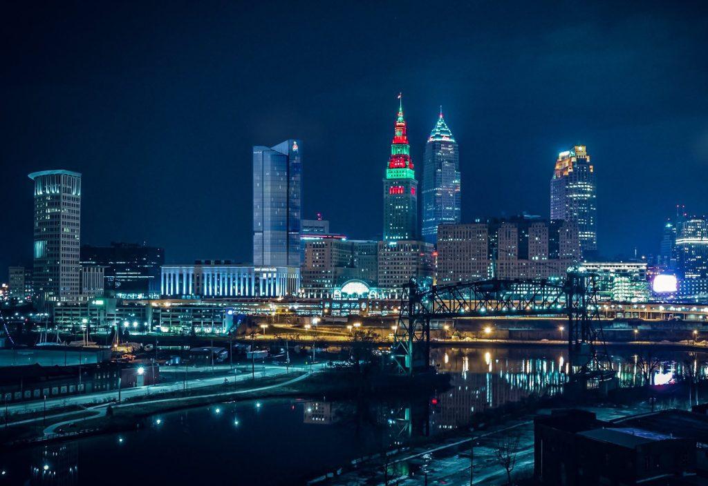 Downtown Cleveland skyline at night with Sherwin-Williams' new headquarters tower.