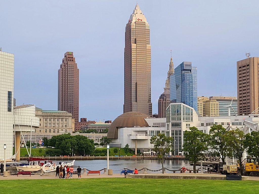 Downtown Cleveland from Voinovich Park and North Coast Harbor on June 11, 2022.