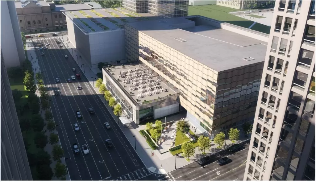 Aerial view of the proposed expansion of the Cleveland convention center on Ontario Street.