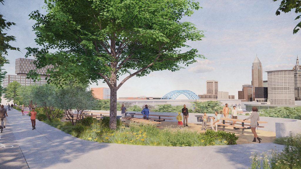 Grilling area at Irishtown Bend Park next to West 25th Street