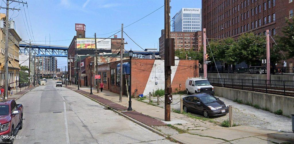 Looking north on Old River Road on Flats East Bank in Cleveland in 2021.