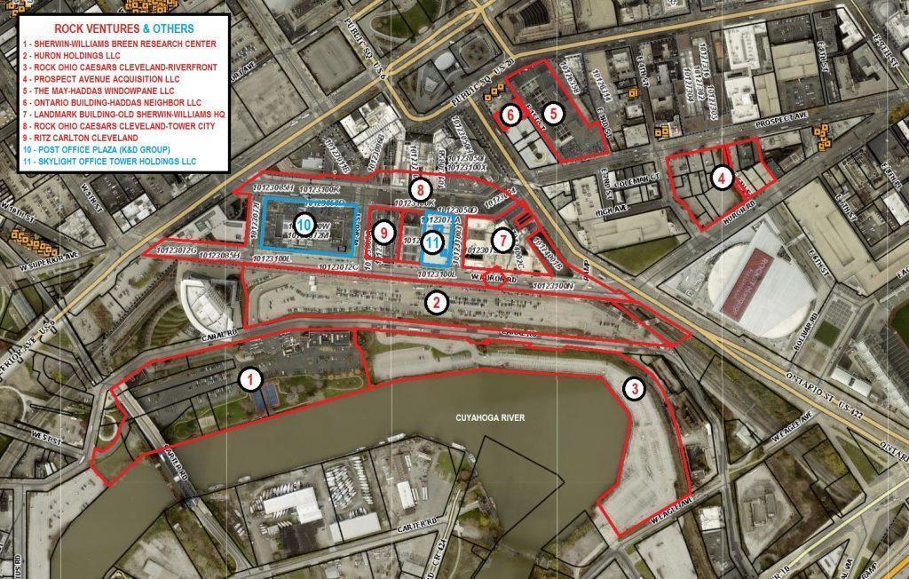 Map of Dan Gilbert's Rock Ventures properties in downtown Cleveland.