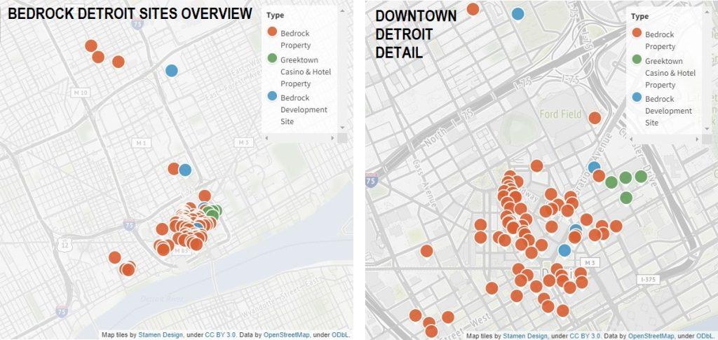 Map of Bedrock's properties in downtown Detroit